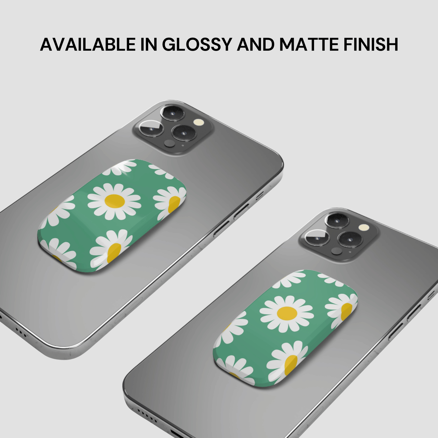 Two phone cases with daisy pattern on a gray background, text indicating finish options.