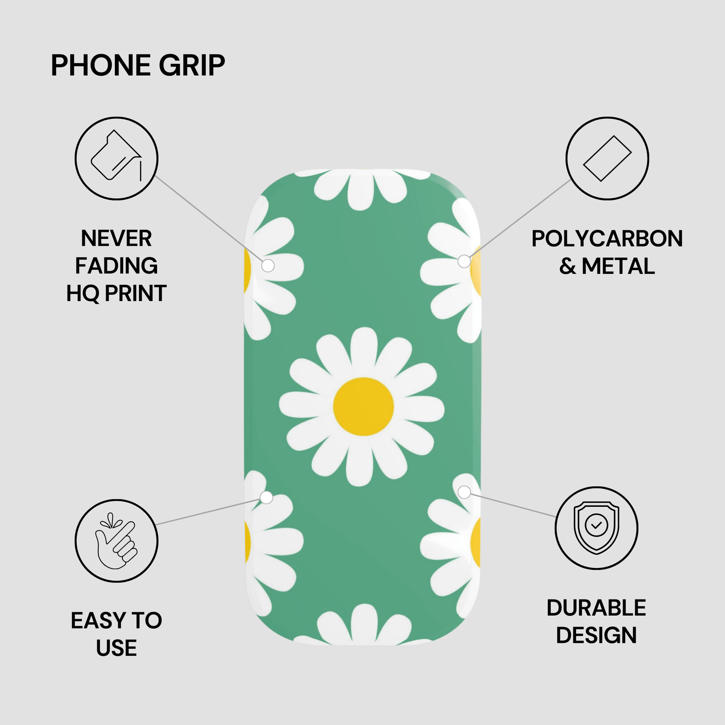 Phone grip with daisy pattern on a green background, featuring text about product features.
