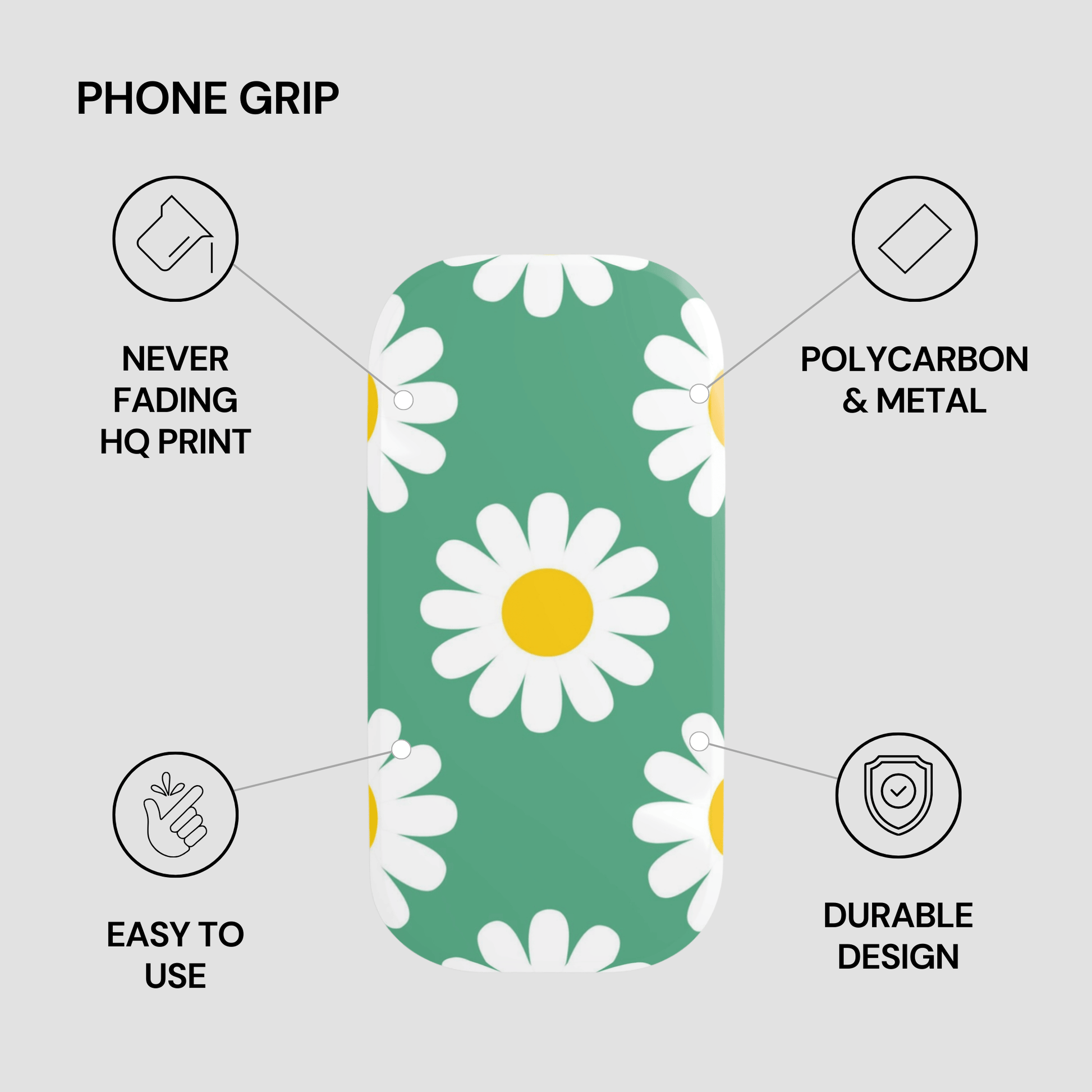Phone grip with daisy pattern on a green background, featuring text about product features.