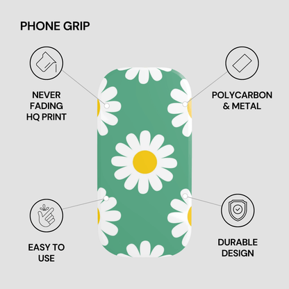 Phone grip with daisy pattern on a green background, featuring text about product features.