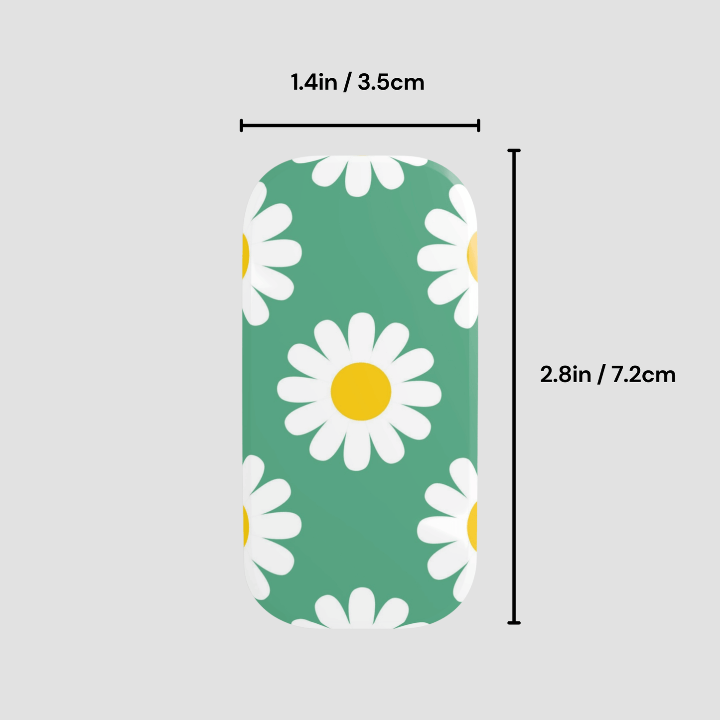 Green nail wrap with white daisy flowers and yellow centers, showing dimensions on a light gray background.