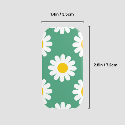 Green nail wrap with white daisy flowers and yellow centers, showing dimensions on a light gray background.