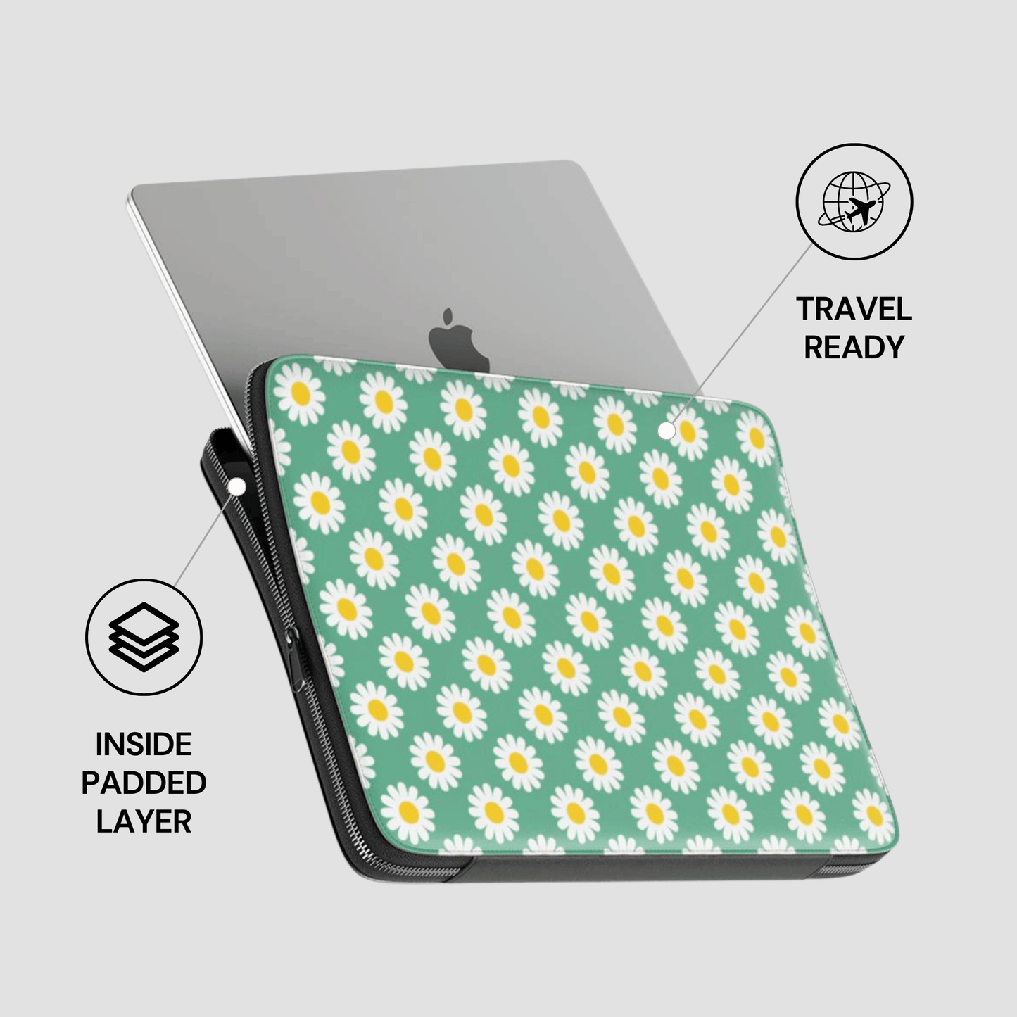 Laptop sleeve with daisy pattern on a gray background