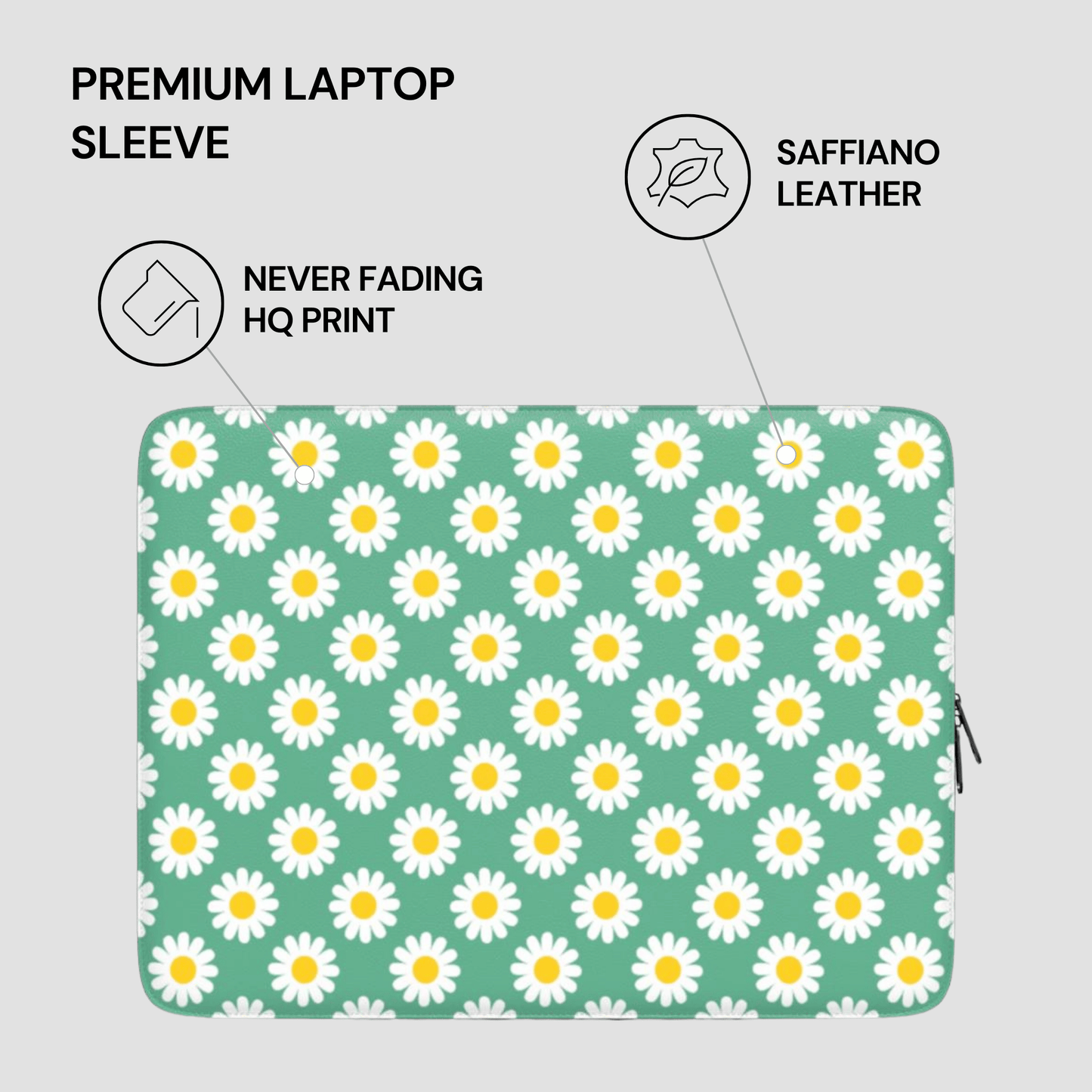 Laptop sleeve with daisy pattern on a light gray background
