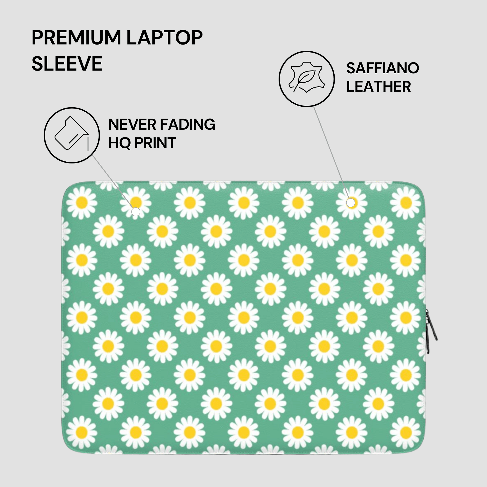 Laptop sleeve with daisy pattern on a light gray background