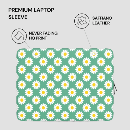 Laptop sleeve with daisy pattern on a light gray background