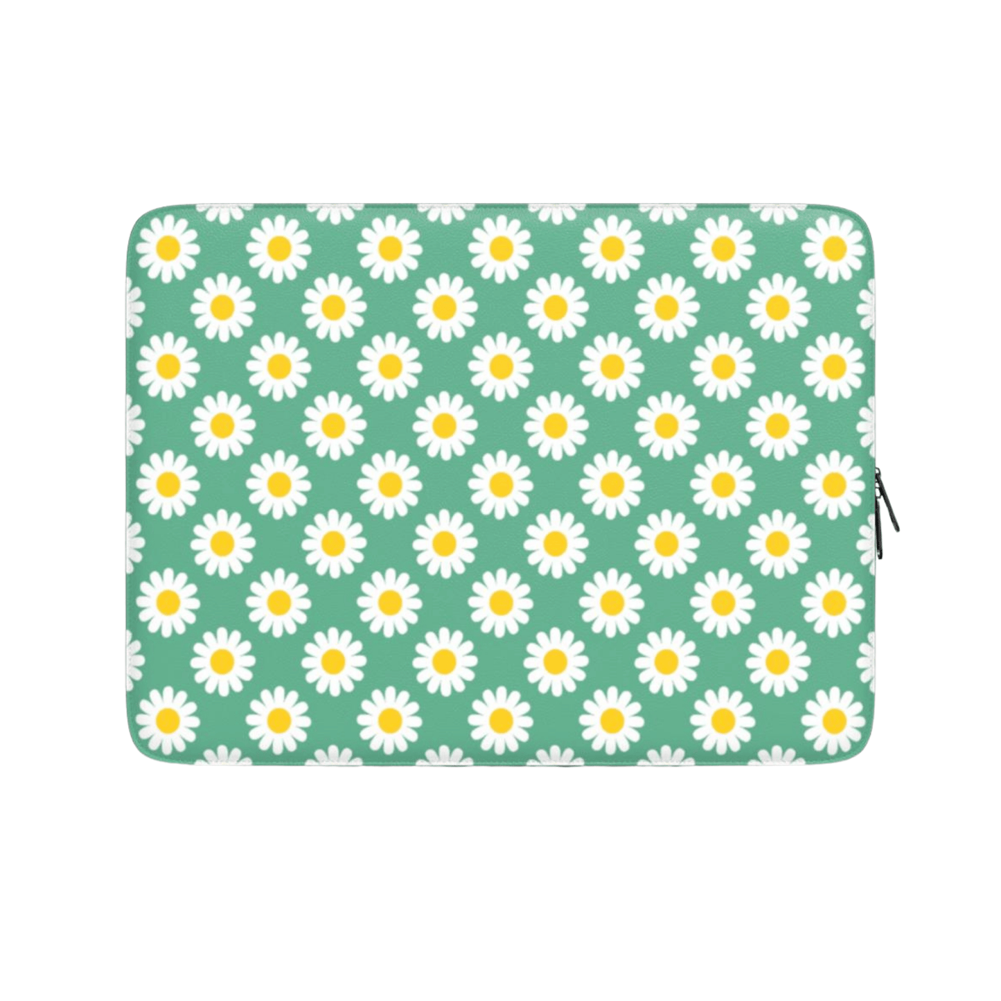 Laptop sleeve with daisy pattern on a green background