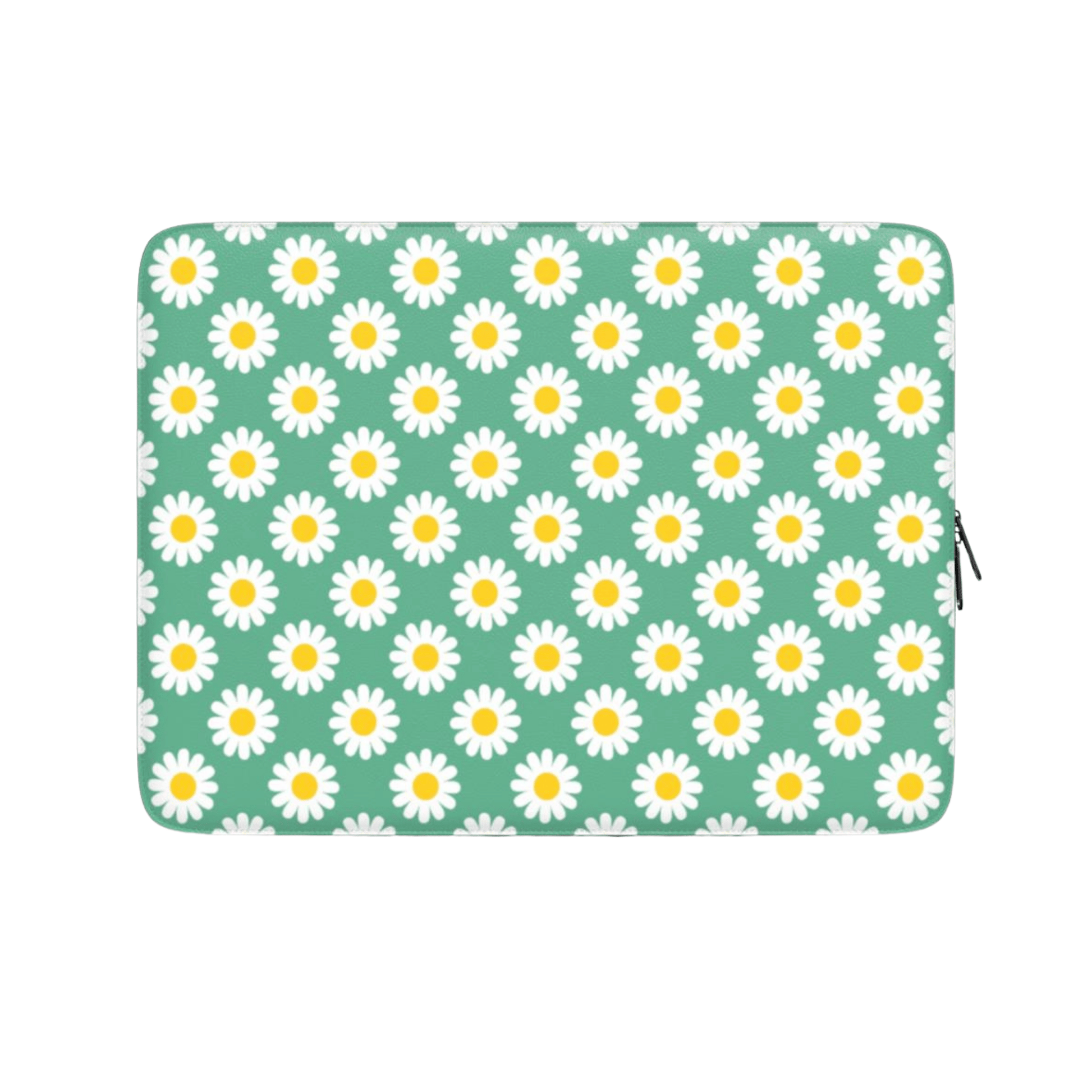 Laptop sleeve with daisy pattern on a green background