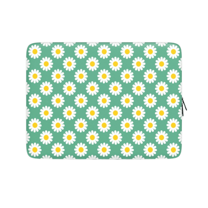 Laptop sleeve with daisy pattern on a green background