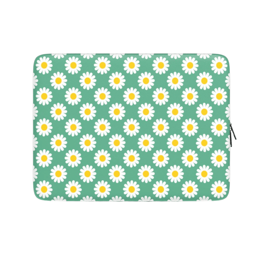 Laptop sleeve with daisy pattern on a green background