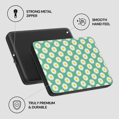 Floral patterned case with text highlighting features on a white background