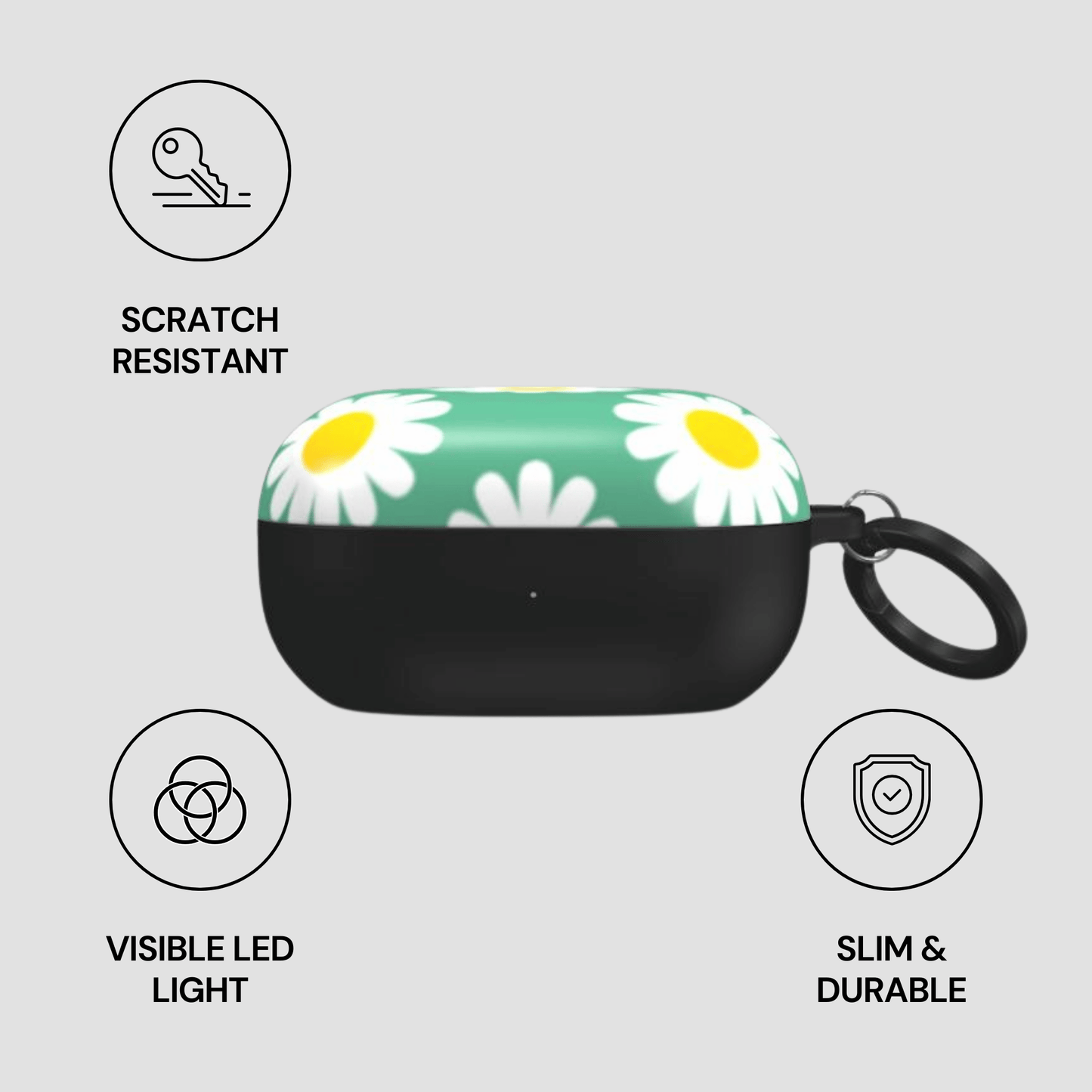 Black case with floral design on a gray background, featuring icons and text about case features.