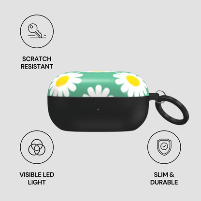 Black case with floral design on a gray background, featuring icons and text about case features.