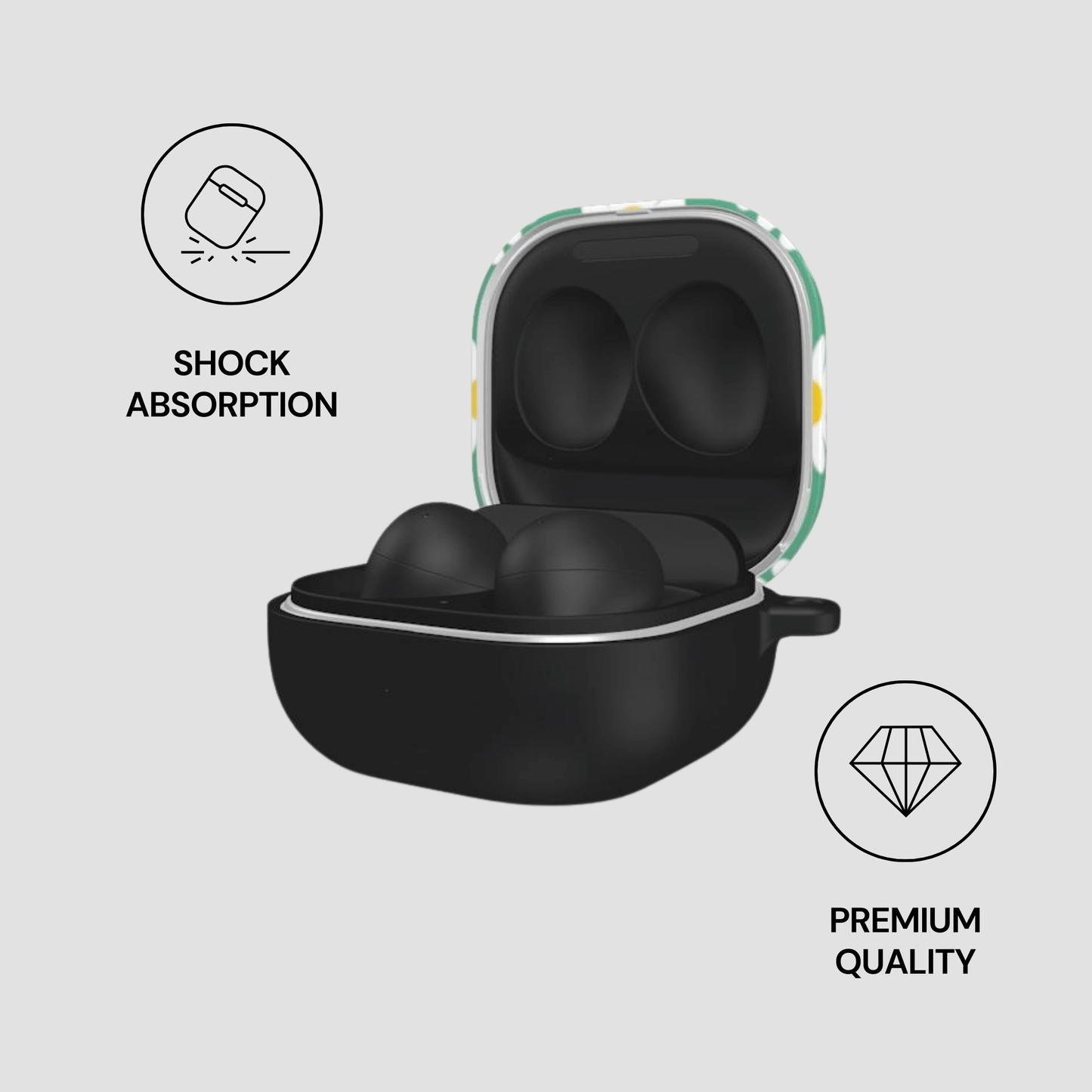 Black earbud case with open lid on a light gray background, featuring icons for shock absorption and premium quality.