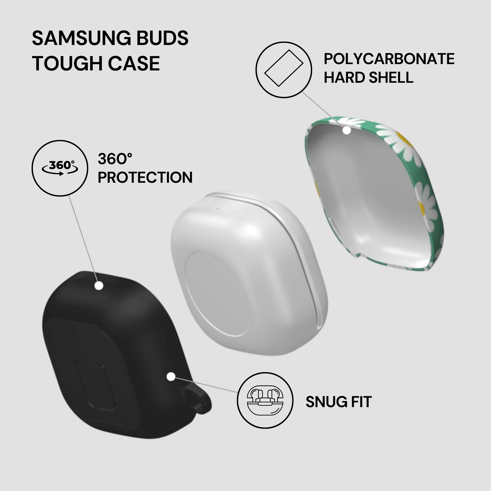 Samsung Buds Tough Case with features highlighted on a light gray background