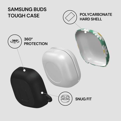 Samsung Buds Tough Case with features highlighted on a light gray background