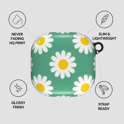 Green case with white daisy pattern on a gray background