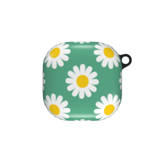 Green case with white daisy pattern on a white background