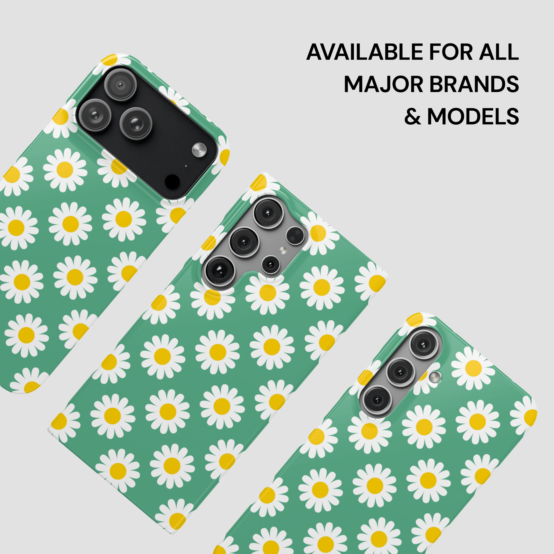 Green phone case with white daisy pattern on a light gray background