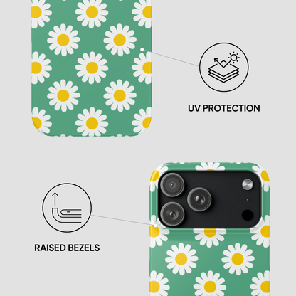 Phone case with daisy pattern and UV protection and raised bezels features on a green background