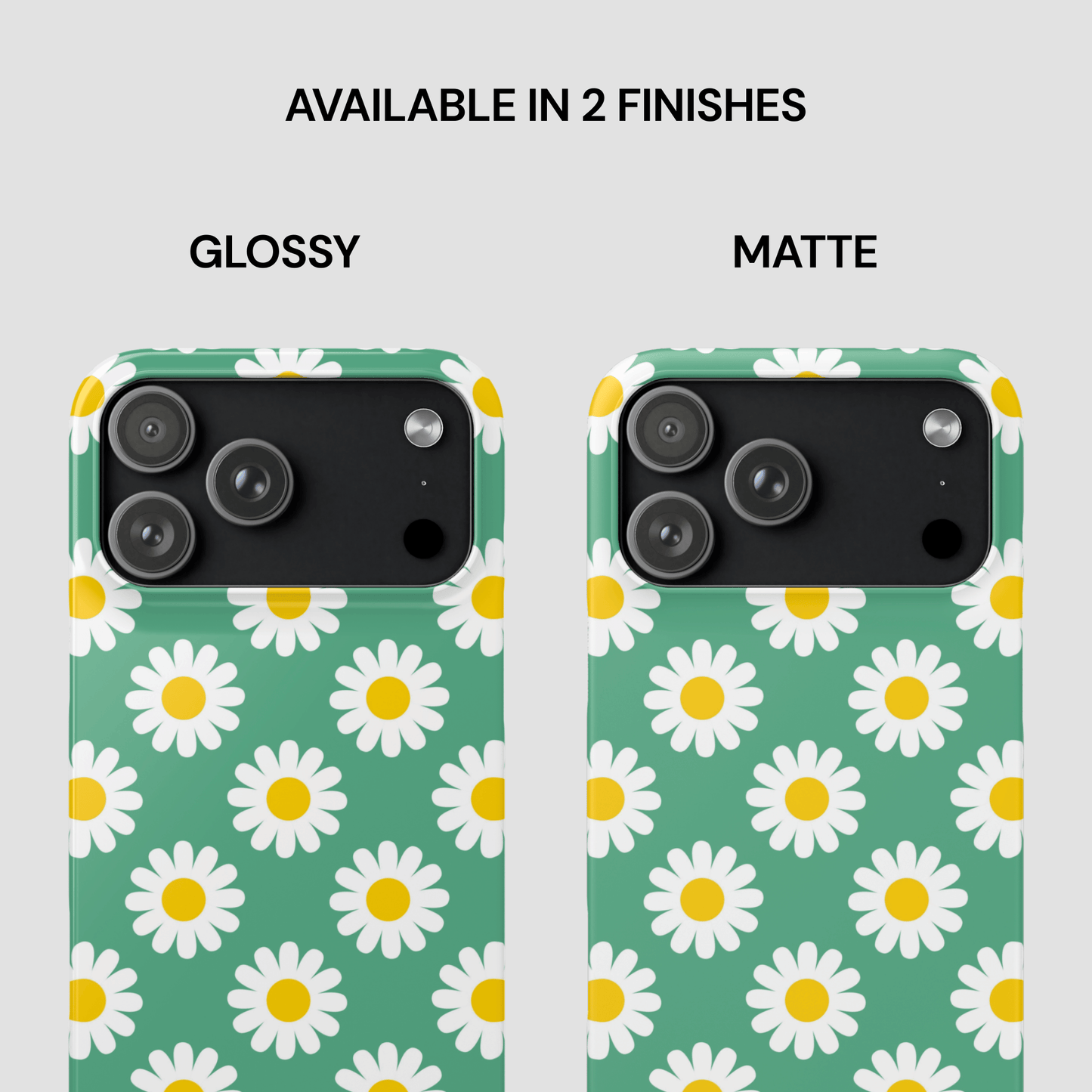 Two phone cases with daisy pattern, one glossy and one matte, on a light gray background.