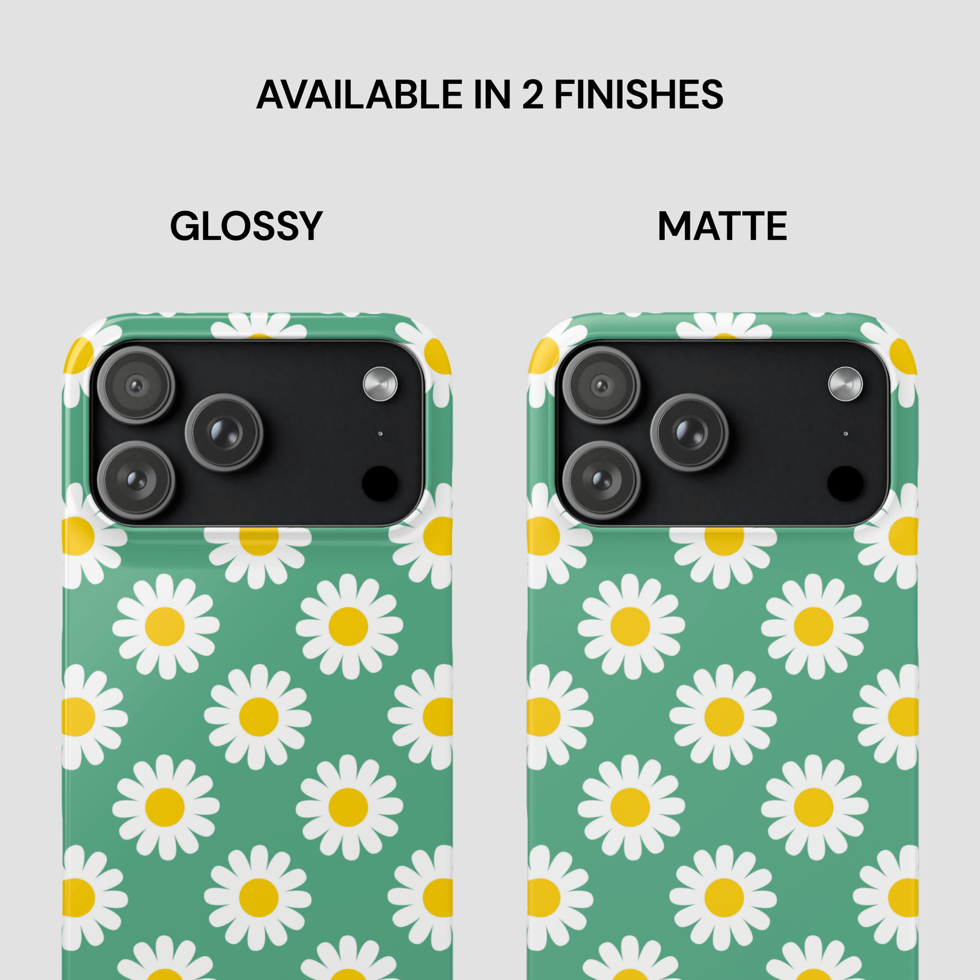 Two phone cases with daisy pattern, one glossy and one matte, on a light gray background.
