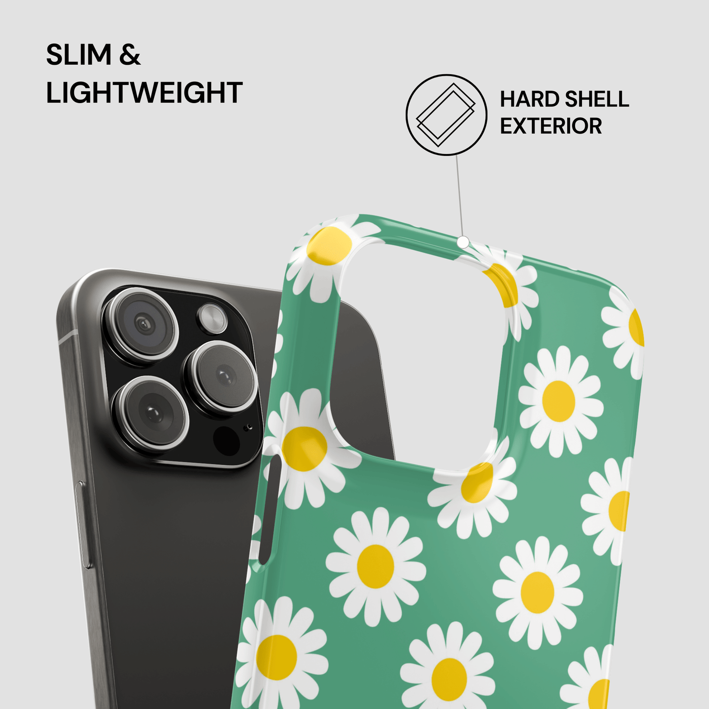 Phone case with daisy pattern on a green background, showing 'Slim & Lightweight' and 'Hard Shell Exterior' text.