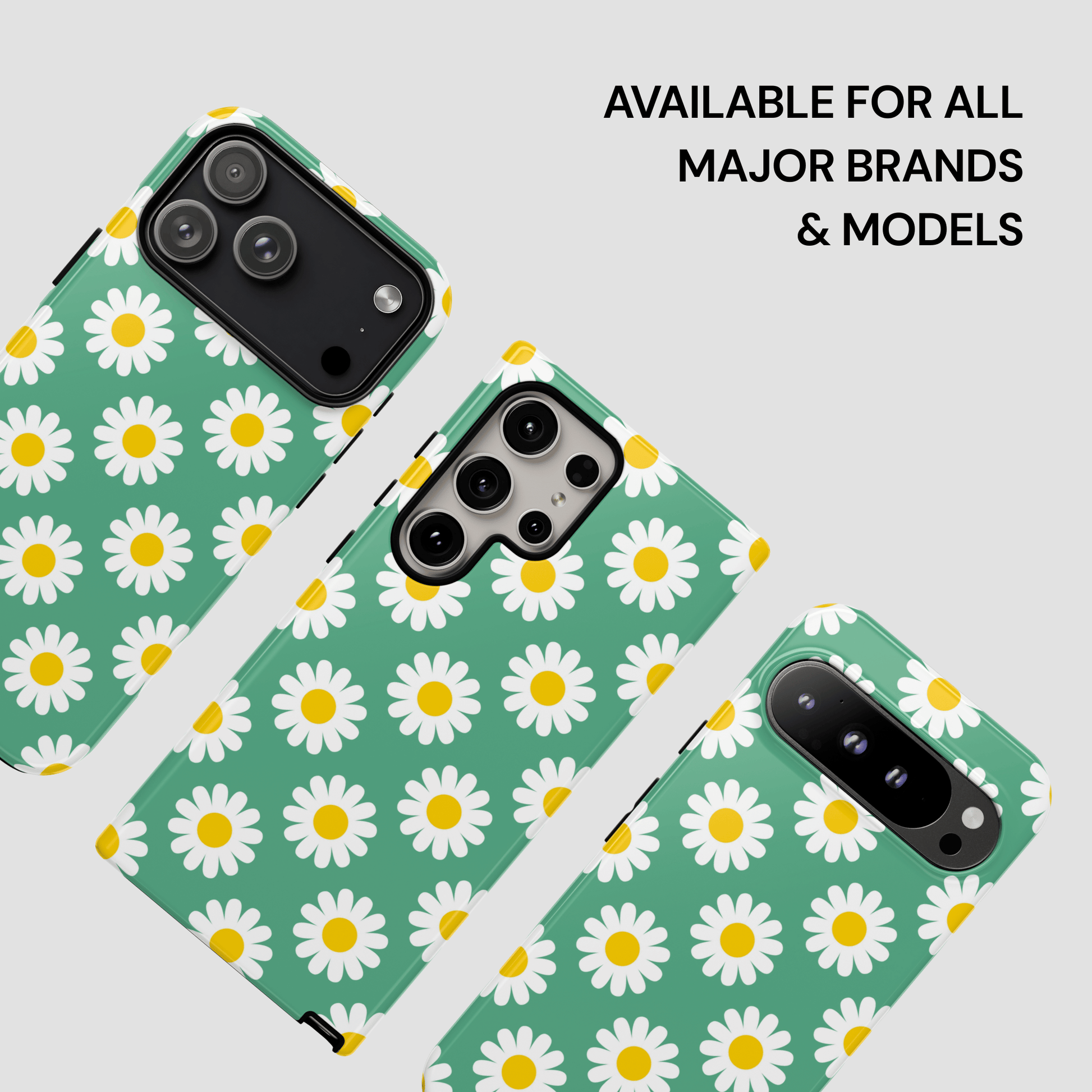 Phone case with daisy pattern on a light gray background