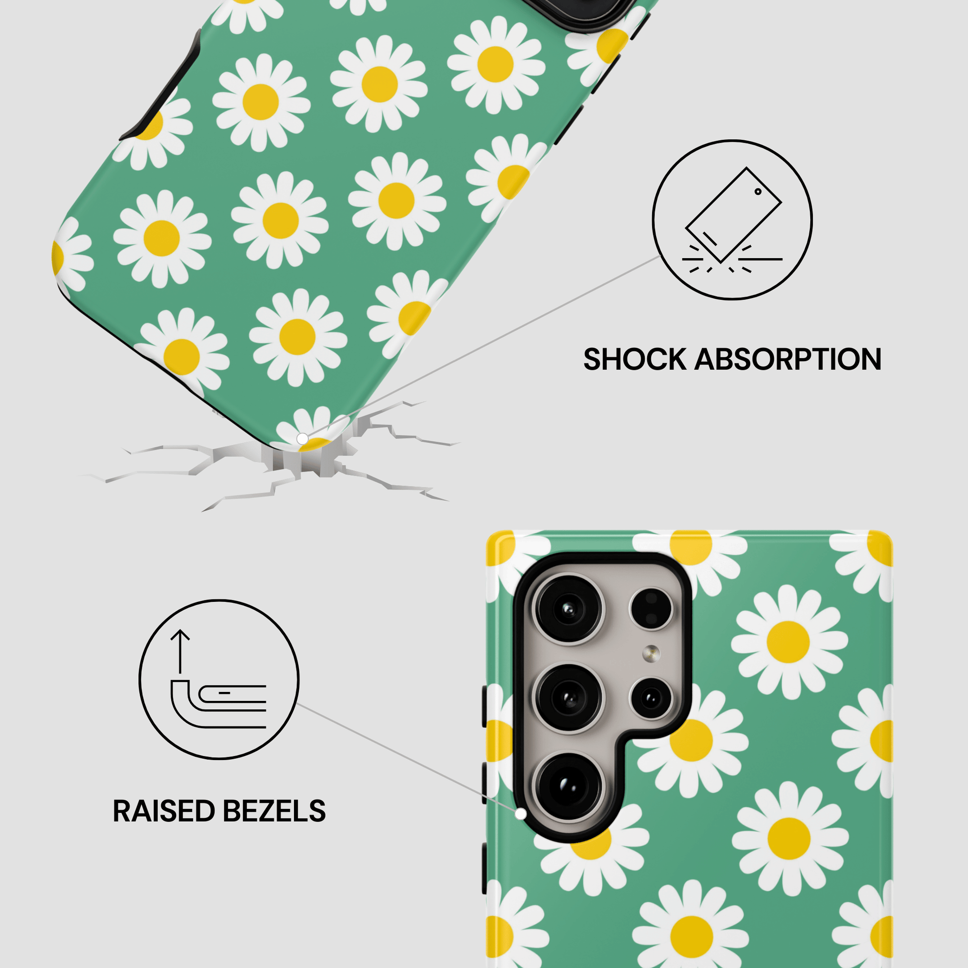 Phone case with daisy pattern showing shock absorption and raised bezels features.