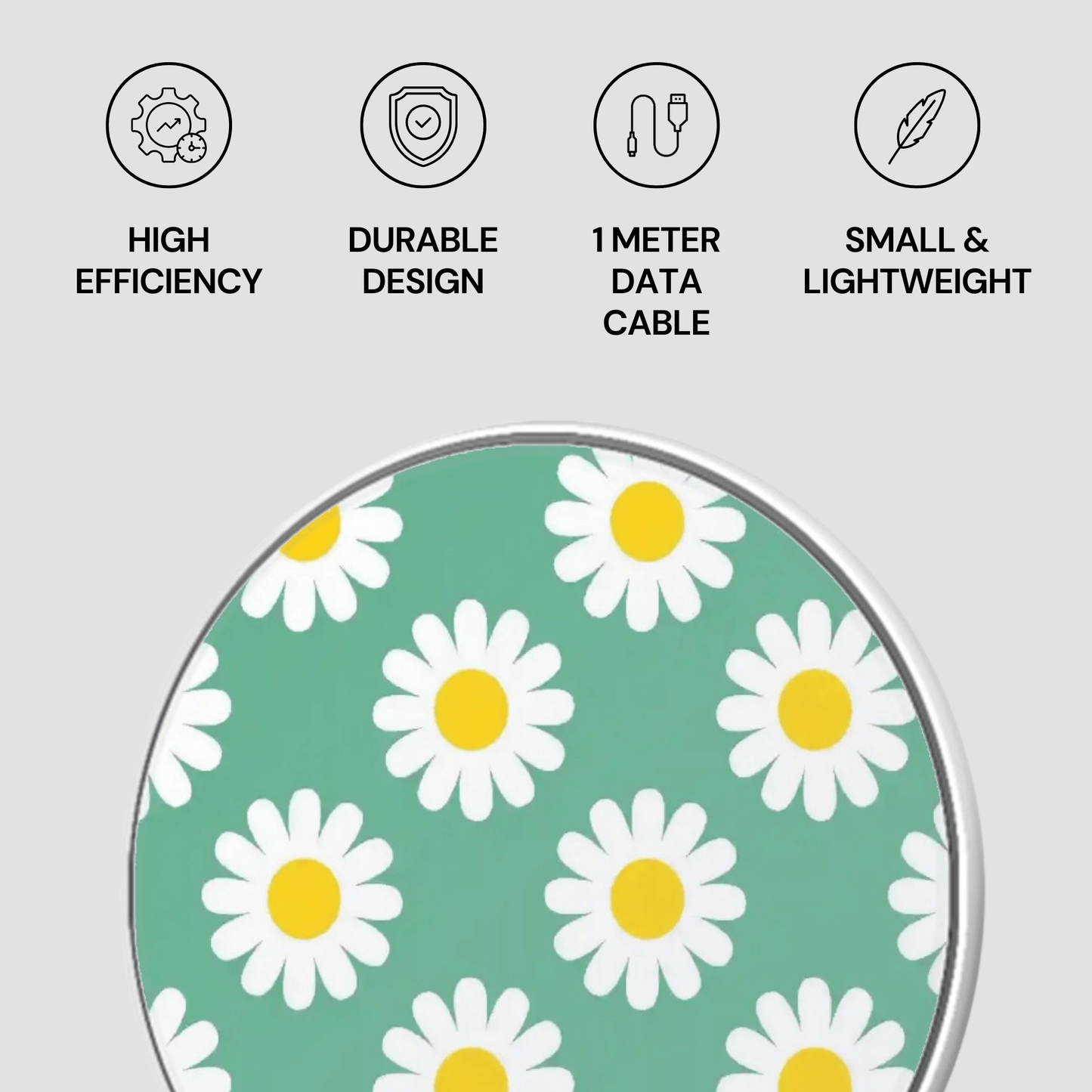 Product with daisy pattern on a green background and feature icons above.