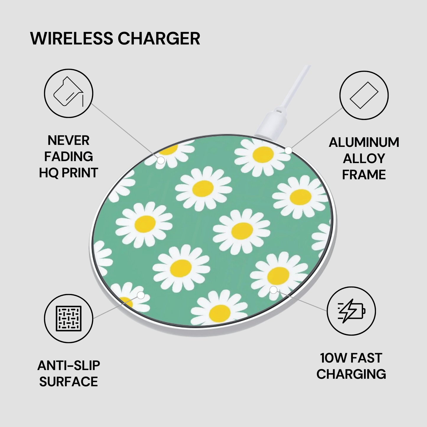 Wireless charger with daisy pattern on a green background, featuring text about its features.