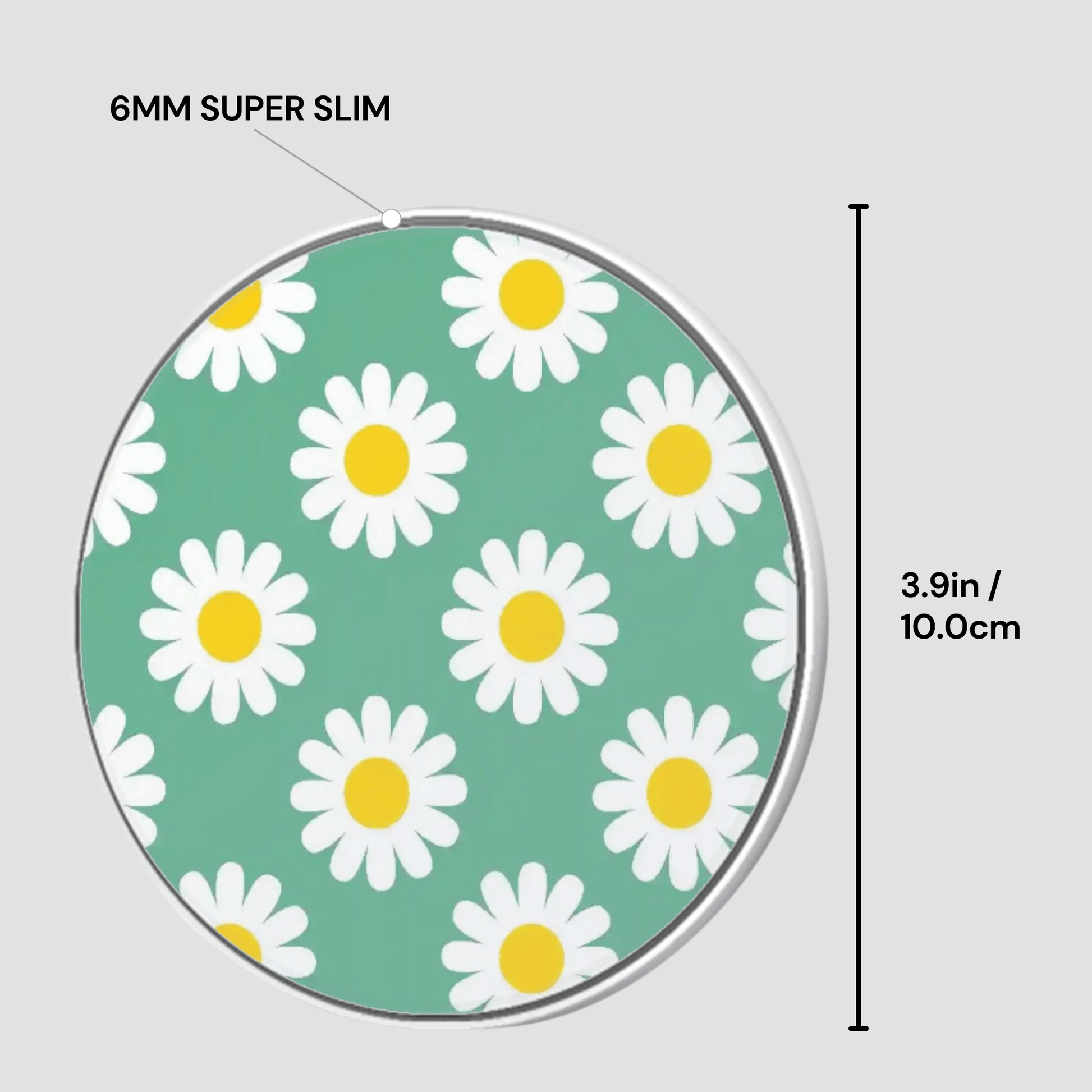 Circular object with daisy pattern and measurement details on a light gray background