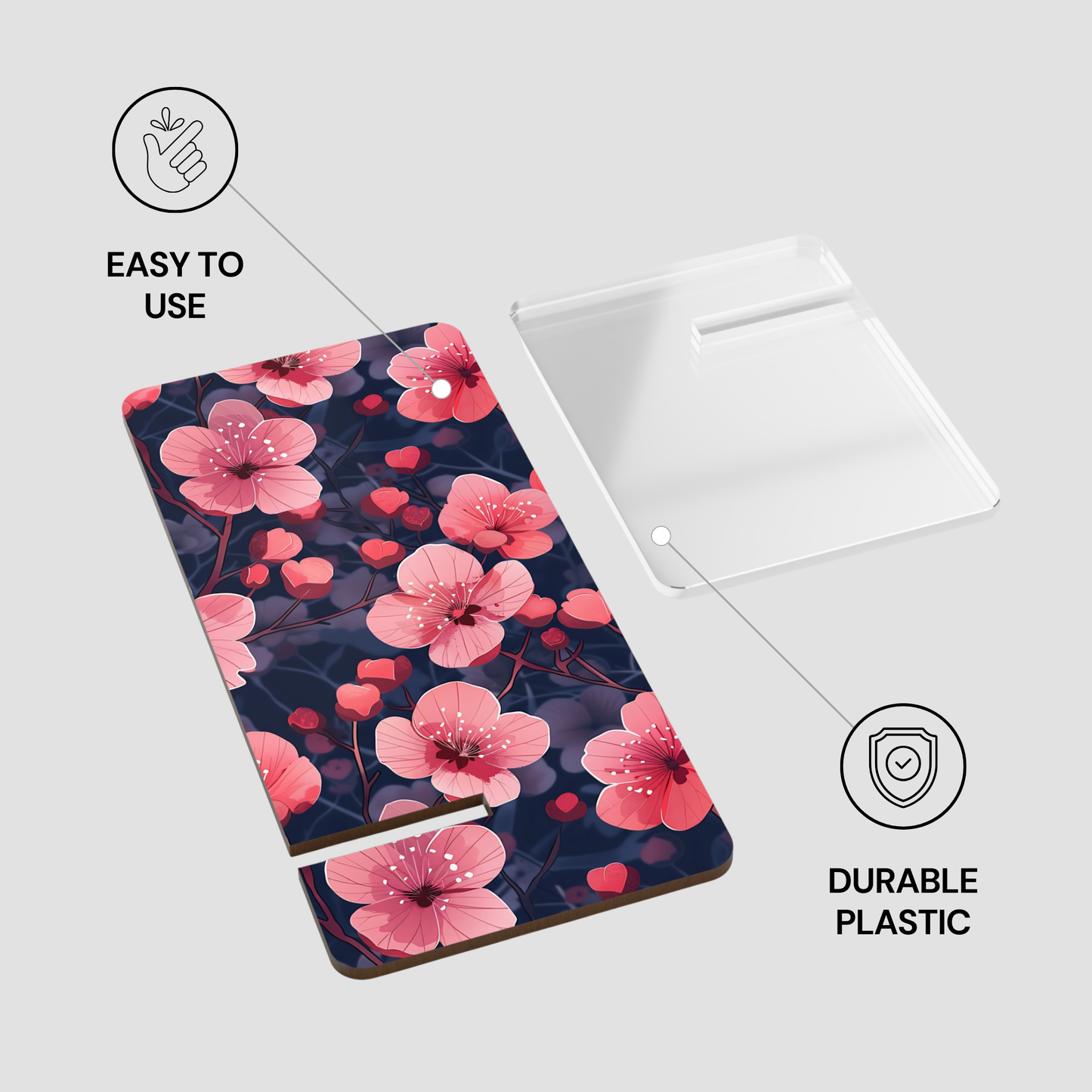 Floral phone case with text 'Easy to use' and 'Durable plastic' on a white background