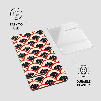 Product packaging with a geometric pattern and text indicating ease of use and durable plastic.