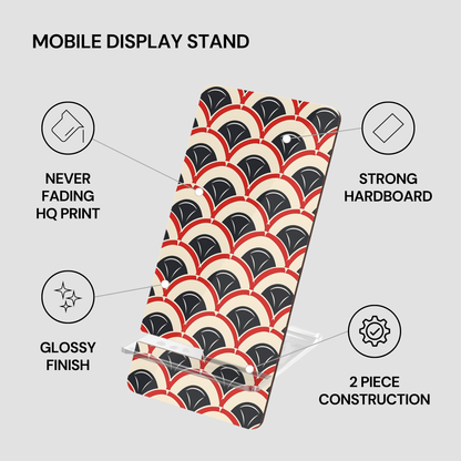 Mobile display stand with patterned design on a gray background