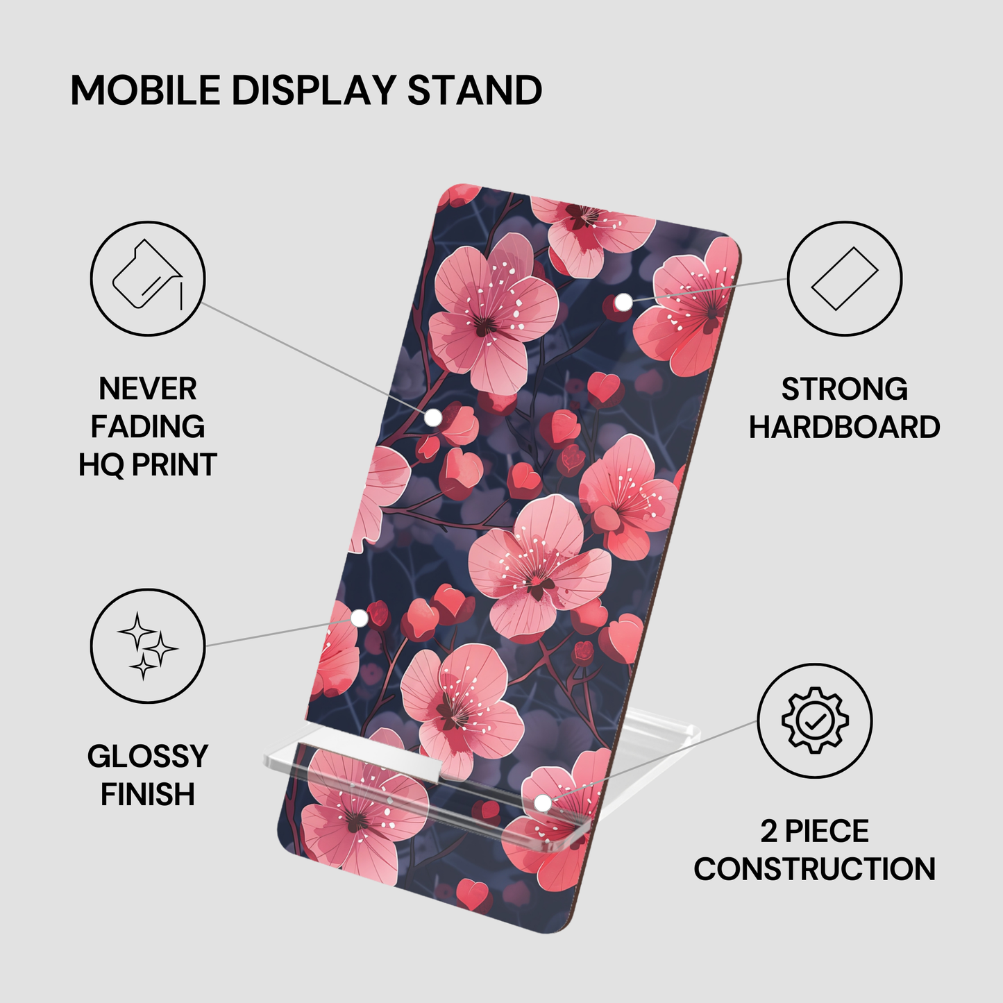 Mobile display stand with floral design on a gray background