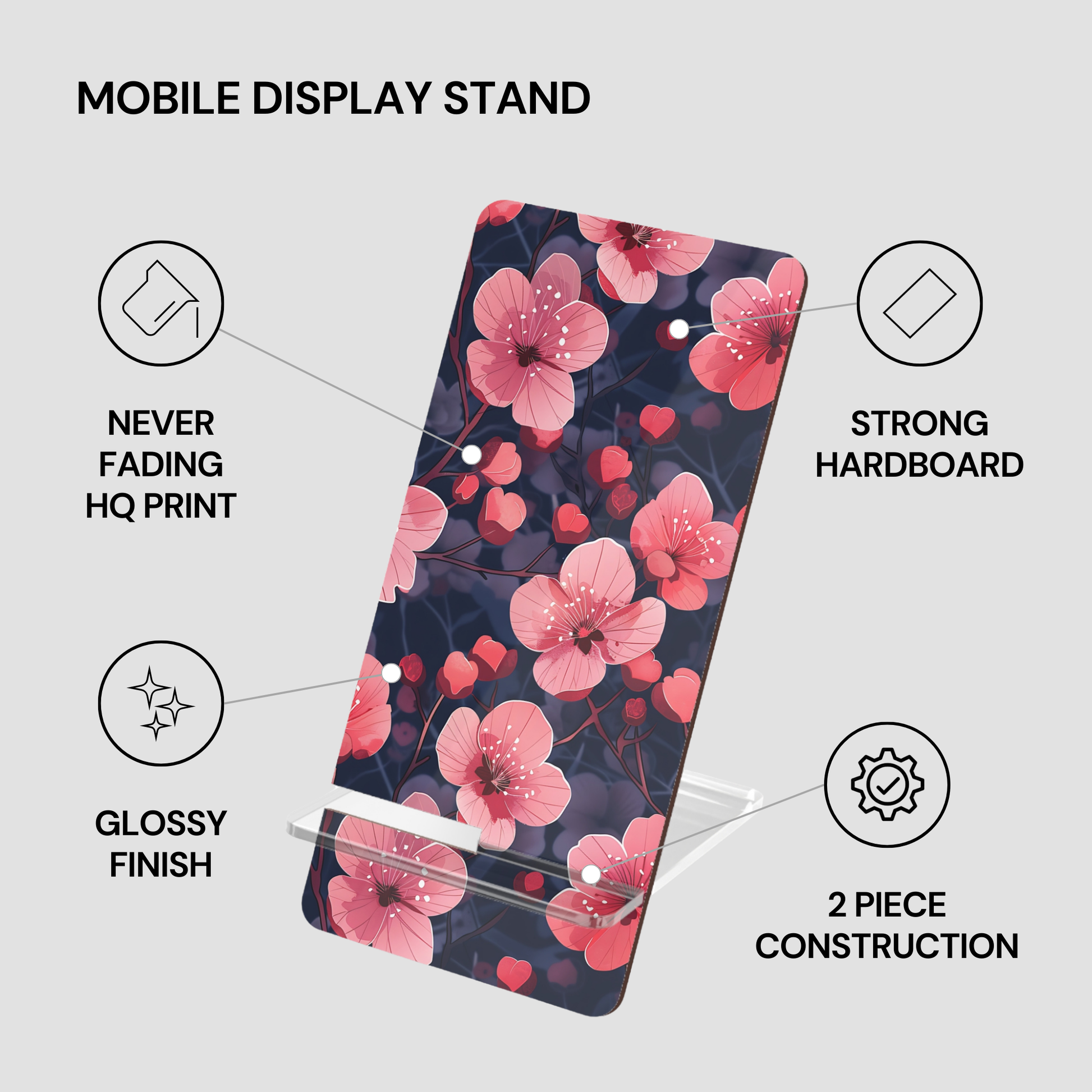 Mobile display stand with floral design on a gray background