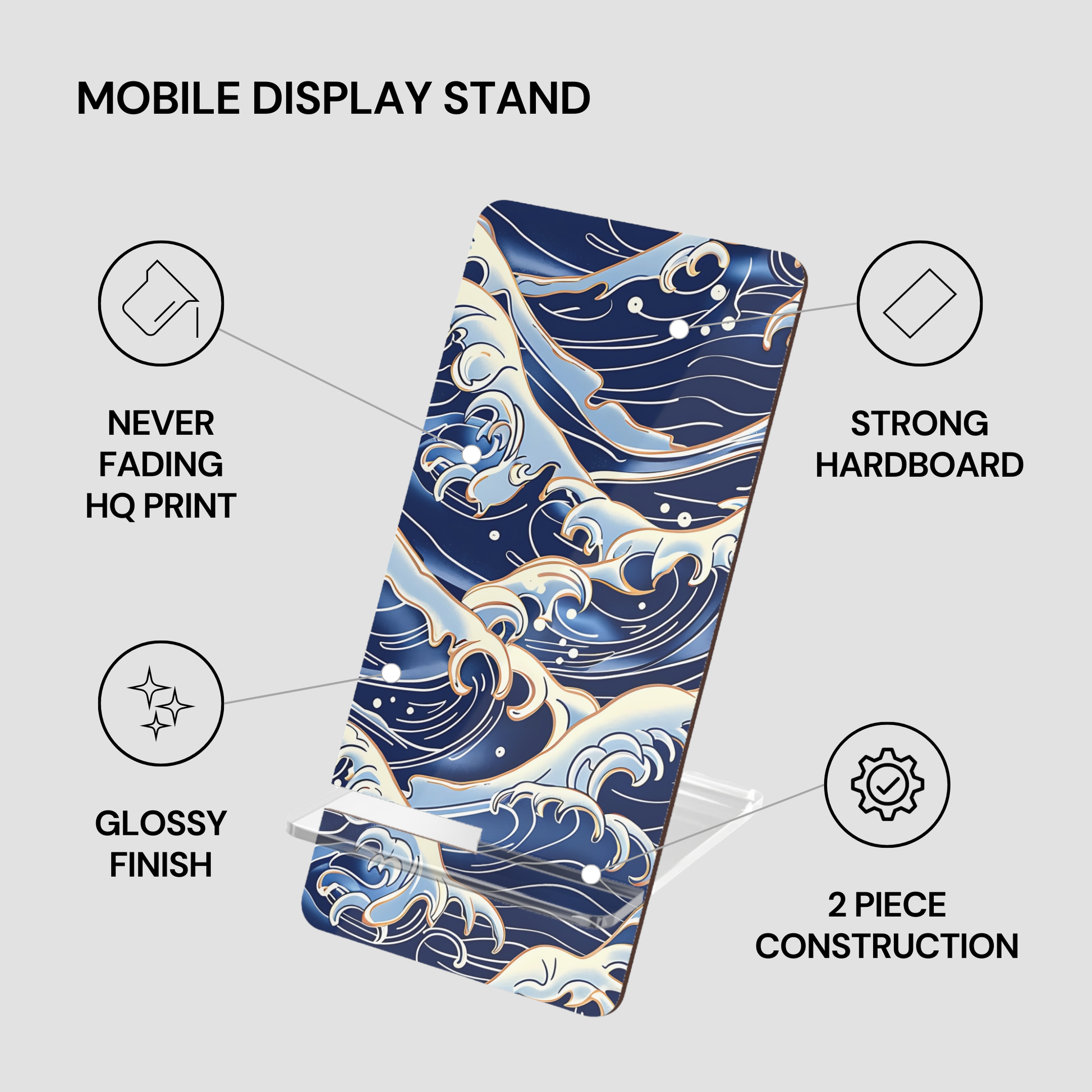 Mobile display stand with wave design and feature text on a gray background | Casenari