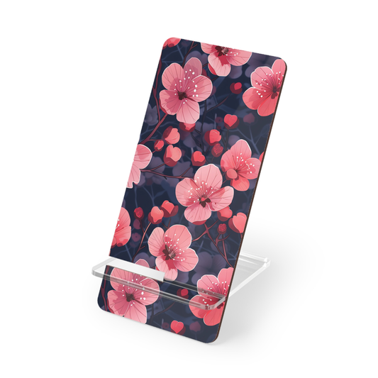 Phone stand with pink floral design on a white background