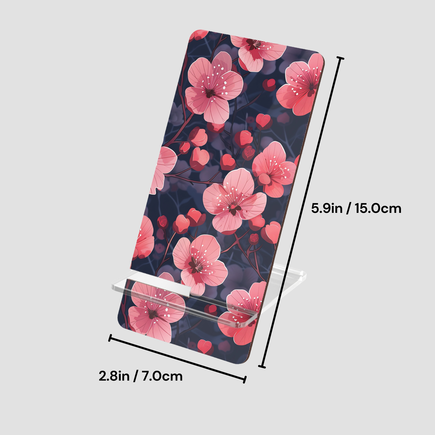Floral-patterned product with dimensions on a light gray background