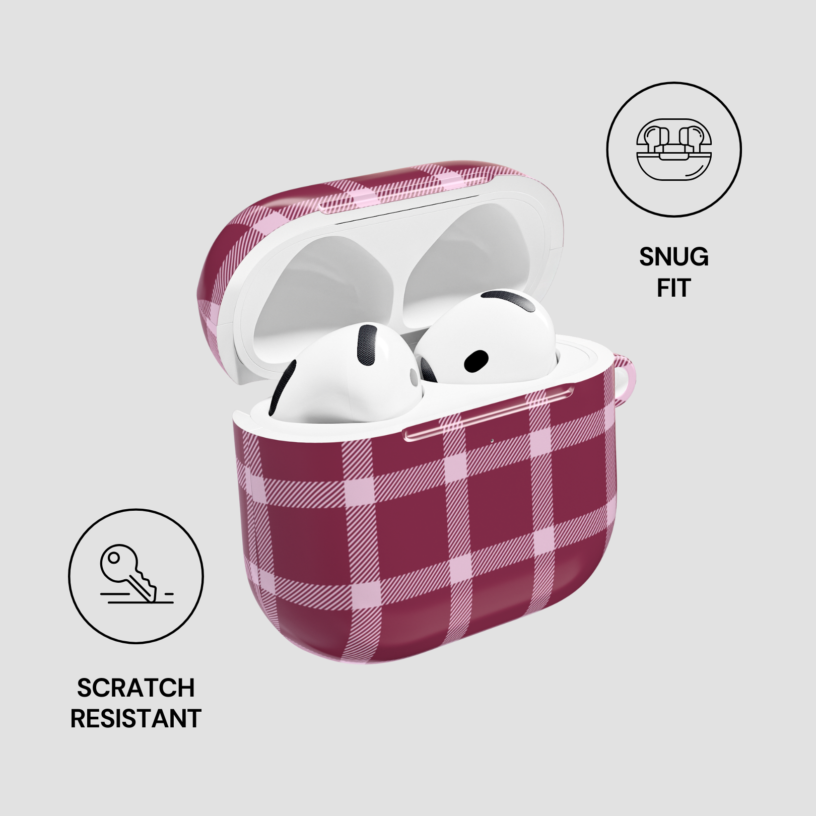 Plaid-patterned case with wireless earbuds on a light gray background