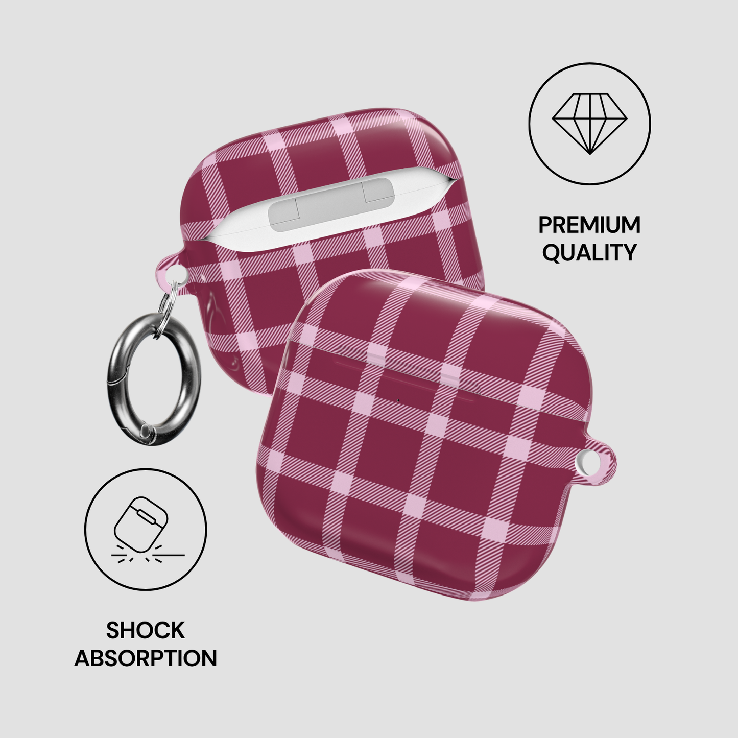 Plaid patterned case with keychain on a light gray background, featuring 'Premium Quality' and 'Shock Absorption' icons.