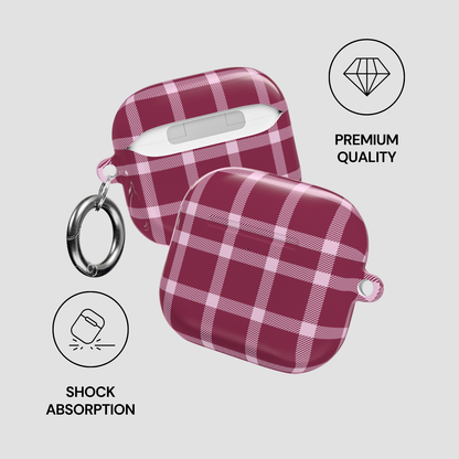 Plaid patterned case with keychain on a light gray background, featuring 'Premium Quality' and 'Shock Absorption' icons.