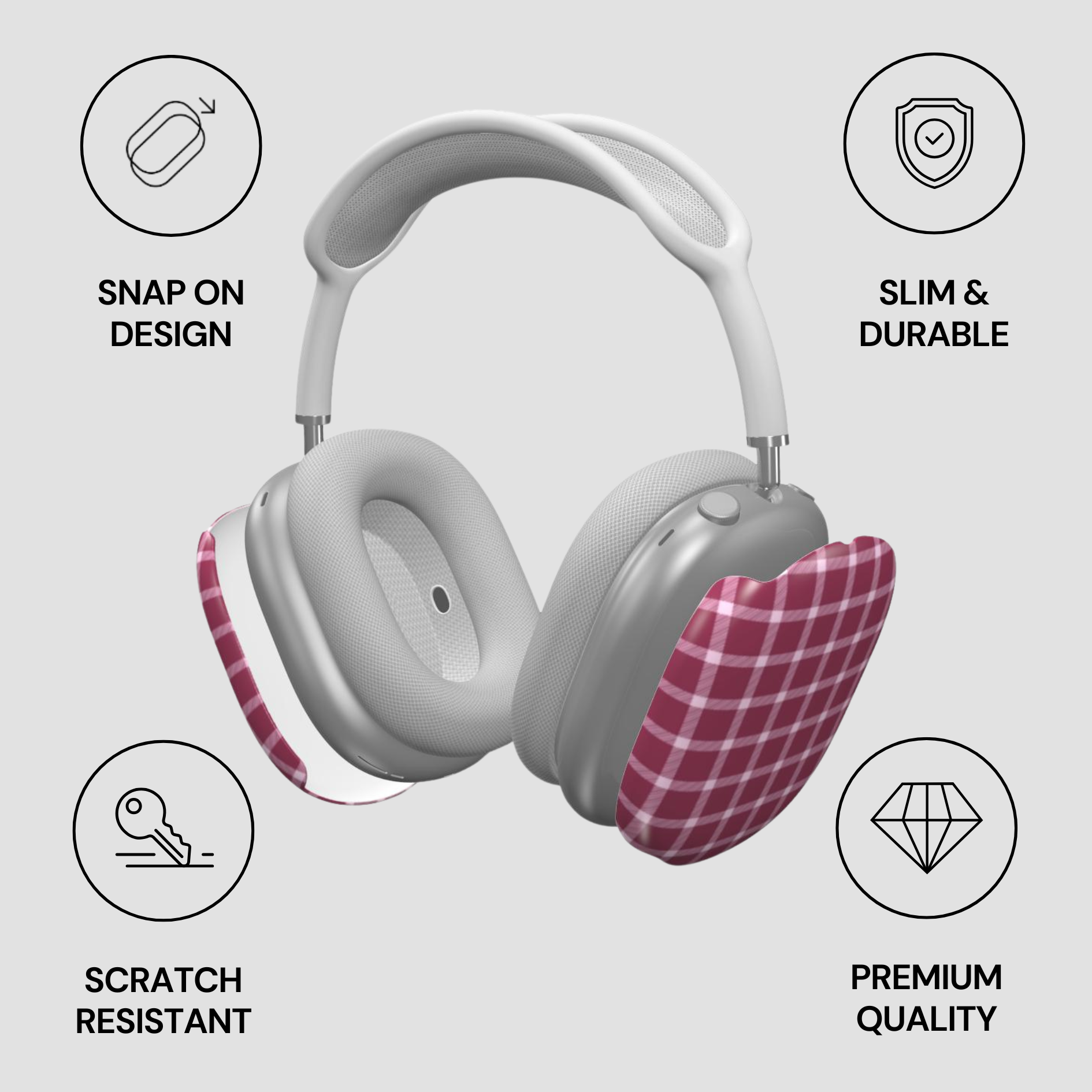 Gray headphones with a plaid cover on a light gray background with feature icons.
