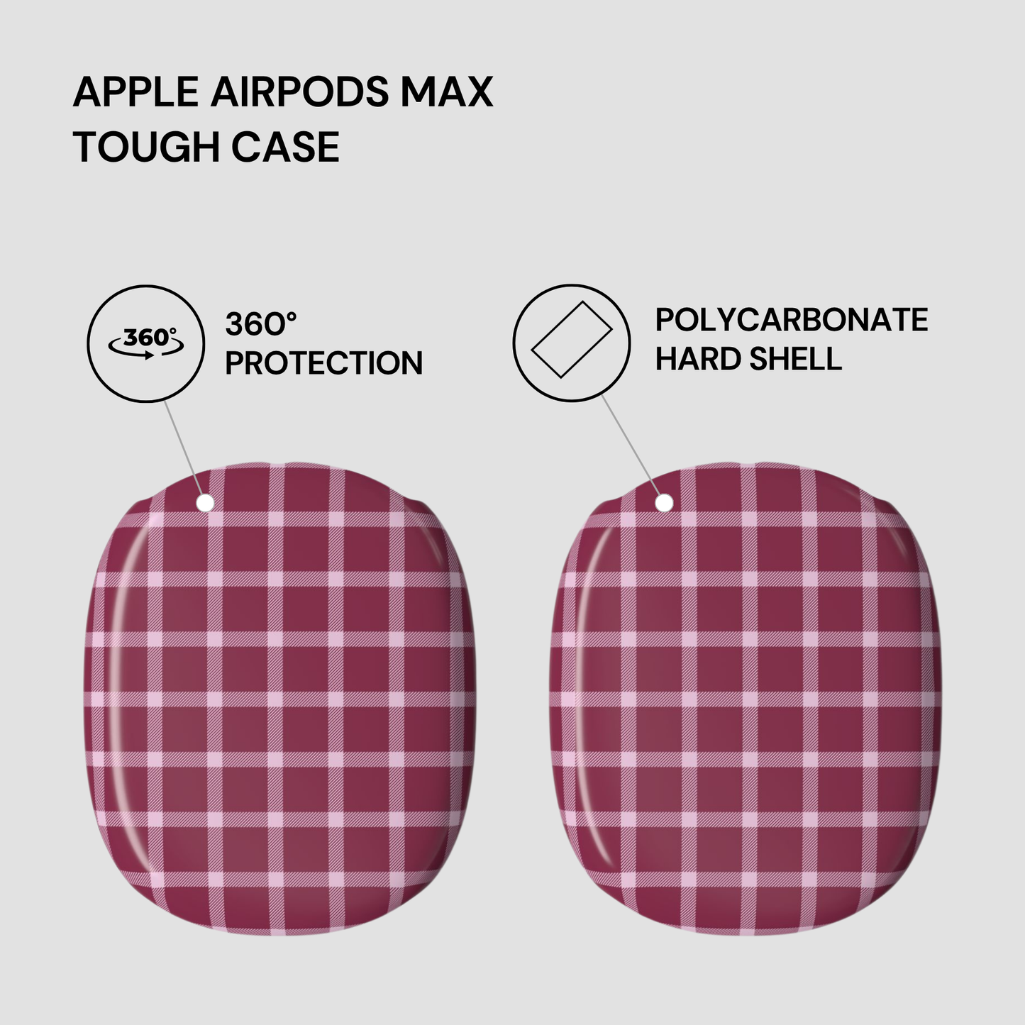 Red plaid tough case for Apple AirPods Max on a light gray background