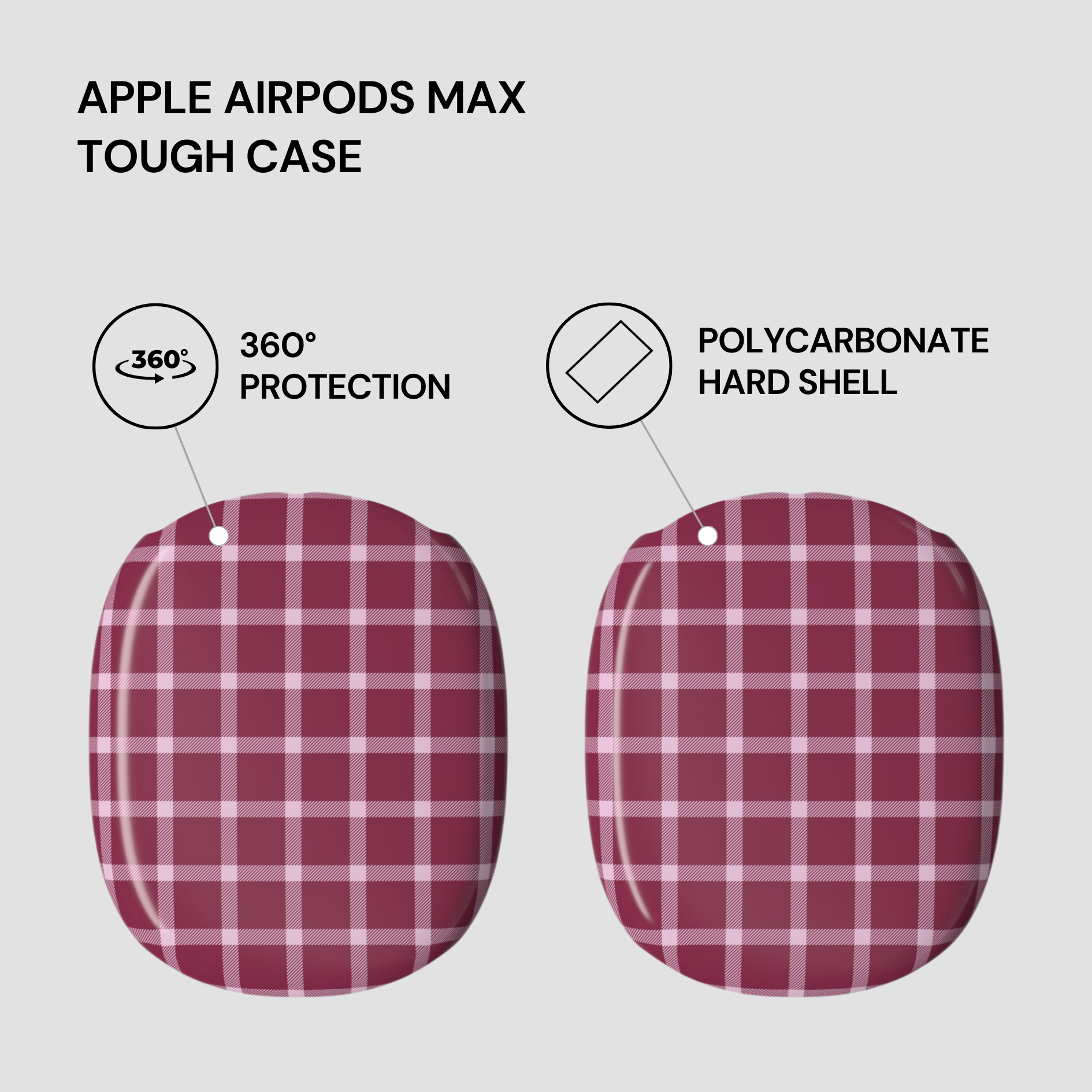 Red plaid tough case for Apple AirPods Max on a light gray background