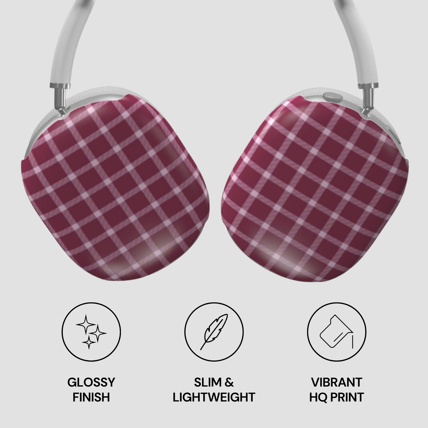 Red and white plaid headphones with glossy finish, slim design, and vibrant HQ print on a light gray background.