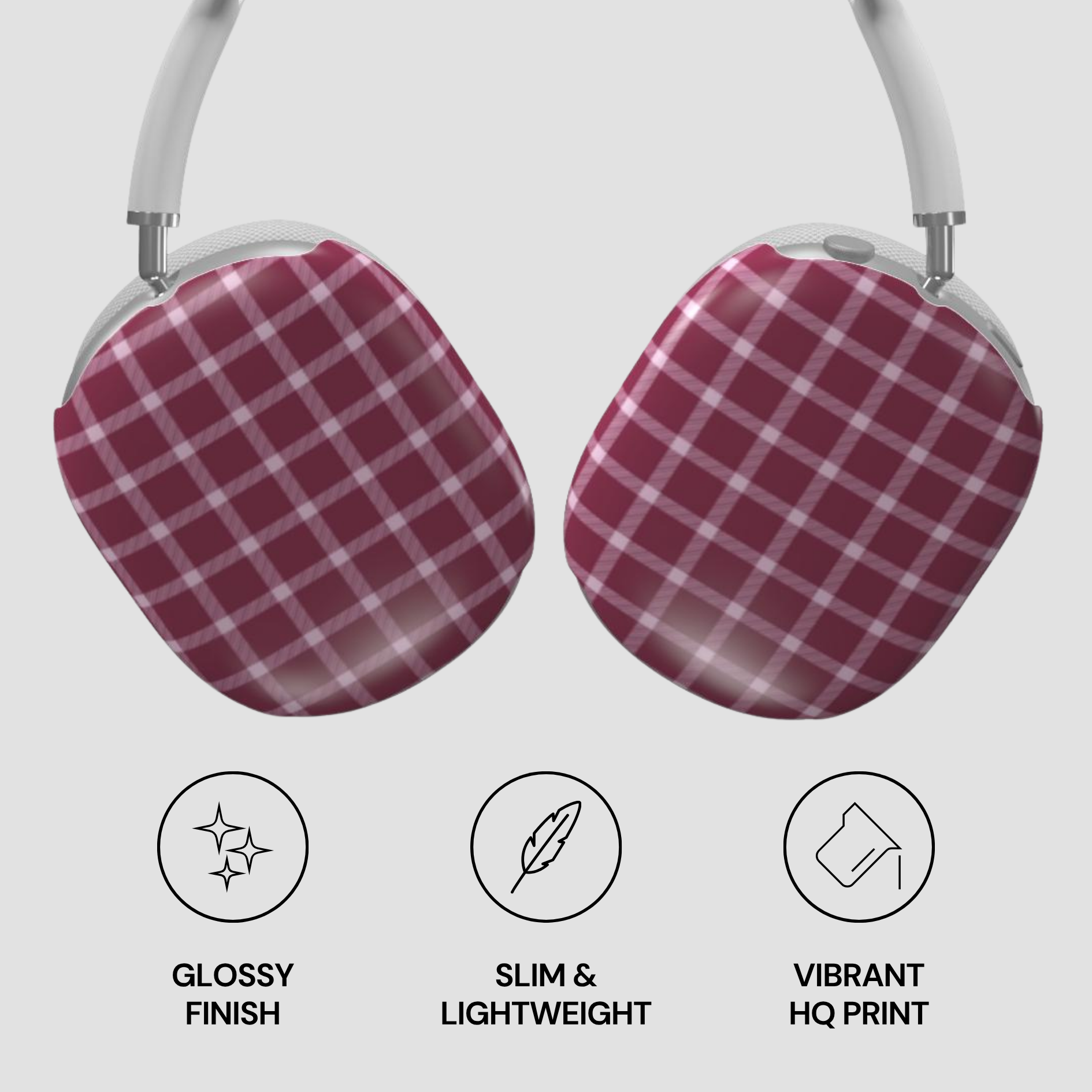 Red and white plaid headphones with glossy finish, slim design, and vibrant HQ print on a light gray background.