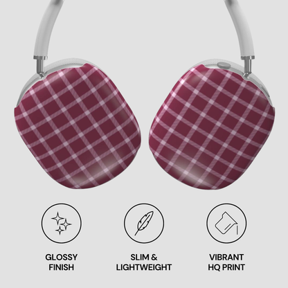 Red and white plaid headphones with glossy finish, slim design, and vibrant HQ print on a light gray background.