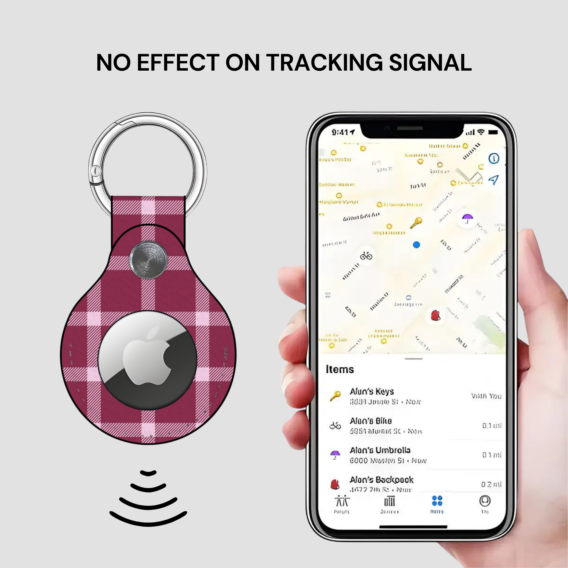 Pink plaid keychain tracker with Apple logo displayed on a phone app interface.